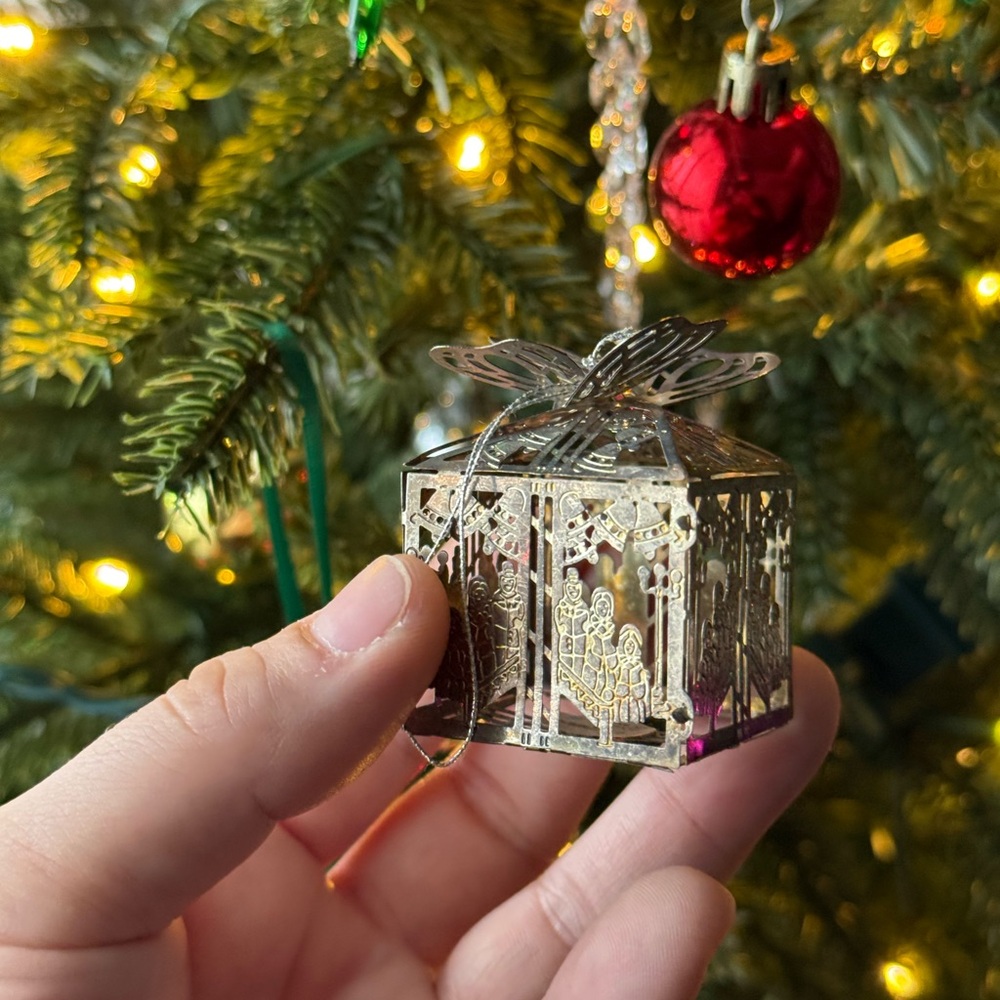 Vintage Silver Plated Brass Christmas Tree Singing Carollers Ornament Ornate